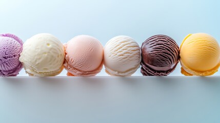 Poster - Row of ice cream cones with different flavors. The cones are lined up on a white surface