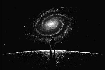 Wall Mural - astronaut looks to supermassive galaxy from uncharted planet. spaceman watching to biggest galactica