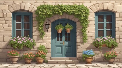  European stone cottage with ivy-covered walls, wooden doors, and flower-filled window boxes, vector art