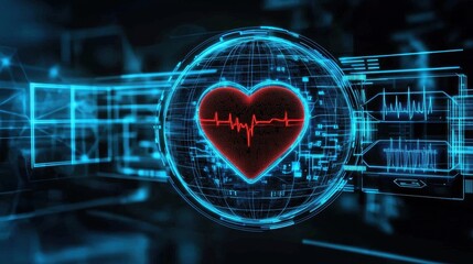 Poster - A digital heart graphic surrounded by data visualizations, symbolizing health technology and monitoring systems.