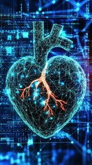 Poster - A digital heart design with glowing connections against a tech-inspired background, symbolizing the intersection of technology and health.