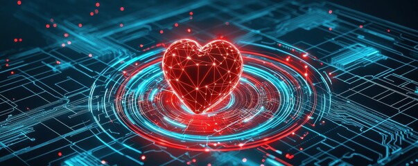 Poster - A digital rendering of a glowing heart surrounded by a futuristic circuit design, symbolizing technology and love.