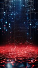 Poster - A futuristic digital landscape with glowing lines and particles, showcasing a blend of blue and red tones against a dark background.