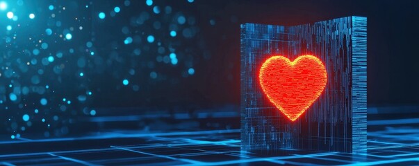Poster - A glowing red heart is displayed within a translucent digital screen, surrounded by a blue bokeh background, symbolizing love and technology.