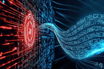 Poster - Abstract digital artwork depicting a swirling flow of data with red and blue neon elements on a dark background, symbolizing technology and information transfer.