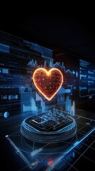 Poster - A futuristic digital heart symbol surrounded by data visuals and graphs, representing the intersection of technology and emotions.