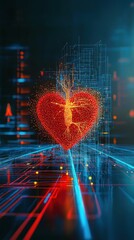 Poster - A vibrant, glowing heart made of particles, set against a futuristic digital background with blue and red light accents.
