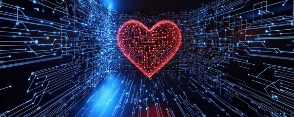 Poster - A digital heart glows against a backdrop of circuit-like patterns, symbolizing the fusion of technology and emotion.