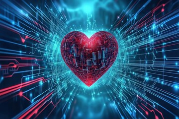 Poster - A digital heart surrounded by radiant lines and circuits, symbolizing technology and connectivity in a vibrant, futuristic setting.