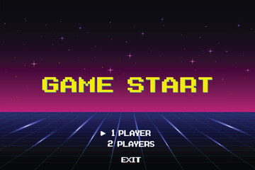 Poster - GAME START. pixel art .8 bit game. Retro Futurism Sci-Fi Background. glowing neon grid. and stars from vintage arcade computer games
