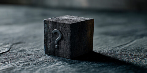 Poster - Dark wood cube with a question mark, sitting on a dark surface, representing uncertainty, mystery, or a need for answers.  Showcase ideal for questioning concepts.