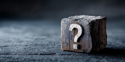Poster - Dark wooden cube with a metal question mark, sitting on a dark surface, suggesting uncertainty or inquiry, ideal for concepts needing a questioning element
