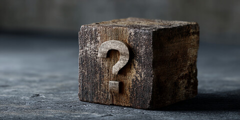 Poster - Wooden cube with a question mark, dark rustic texture, symbolizes inquiry, uncertainty, or problem-solving.  Free space for text