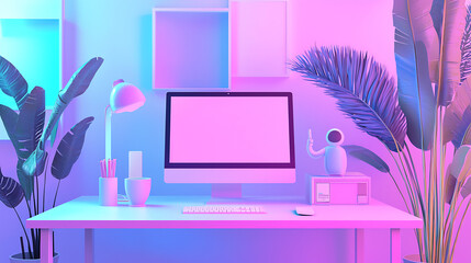 A computer desk with a monitor, keyboard, mouse, and a robot