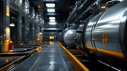 Poster - A well-lit industrial facility features large metal tanks and intricate piping systems. The environment is organized and showcases advanced technology in action