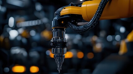 Poster - A robotic arm equipped with a drilling tool is actively engaged in precision drilling within a high-tech manufacturing environment. The area is illuminated by ambient lighting