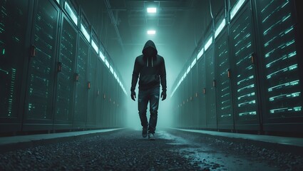 Poster - A hooded figure walks confidently down a dimly lit corridor. The figure is shrouded in shadow, creating a sense of mystery and intrigue