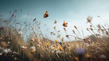 Poster - Serene meadow blossoms touched by summer breeze butterflies fluttering in field golden hour peaceful nature