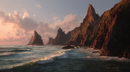 Poster - Majestic cliffs jutting from tranquil ocean at dawn light a spectacular coastal scene