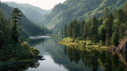 Aufkleber - Mountain Stream Reflection Capturing Green Forest Natural Beauty Idyllic River Scene Serene Water Calmness Untouched Nature Pine Trees