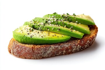 Poster - Delicious avocado toast with aromatic herbs and spices served on rustic bread against a white background