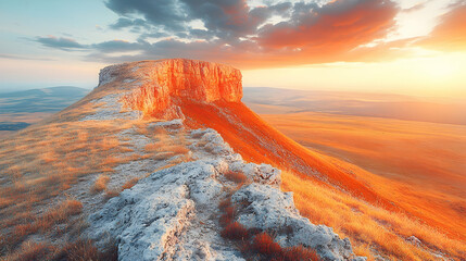 Scenic mountain view with a plateau bathed in golden sunlight under a cloudy sky