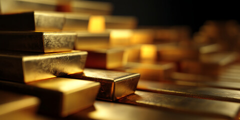 Poster - Close-up of stacked gold bars, showcasing a textured metallic surface with warm, golden hues, representing wealth, prosperity, and financial success