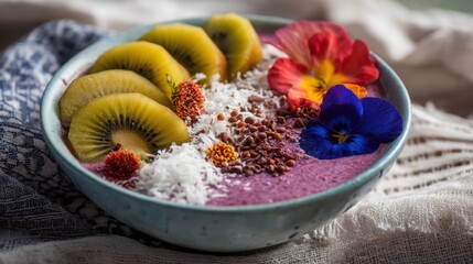 Aufkleber - Vibrant golden kiwi smoothie bowl with edible flowers and coconut shreds healthy breakfast concept