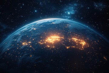 Poster - View of Earth from space at night showing cities illuminated by lights and the vastness of the universe in the background