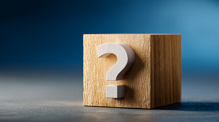 Poster - Wooden cube with white question mark, against blue background, symbolizing inquiry, uncertainty, or problem-solving