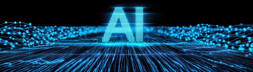 Poster - A digital representation of AI, showcasing glowing blue lines and nodes, symbolizing technology and data flow in a futuristic environment.