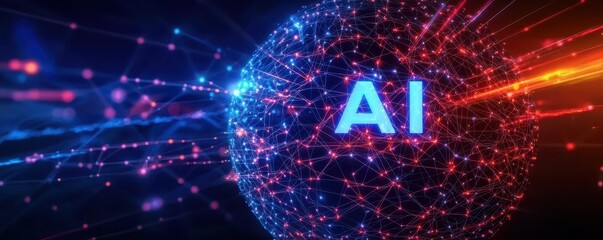 Poster - A vibrant digital representation of a networked sphere symbolizing artificial intelligence, illuminated with blue and red lights.