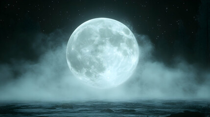 ethereal moon hovers above misty water stars twinkle in dark sky creating a dreamy and serene atmosp