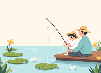 Wall Mural - Father and Son Fishing on Pond with Lily Pads