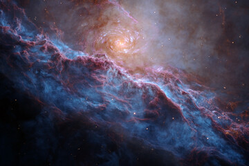 Poster - Cosmic nebula image, swirling blue and red gases, central spiral galaxy core, depicting vastness of space, mystery and creation