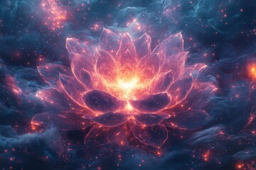 Poster - Vibrant cosmic lotus flower emitting light amidst swirling nebulas in a celestial landscape