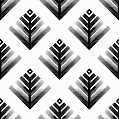 Poster - Black and White Textured Geometric Seamless Pattern with Stylized Tree Motifs