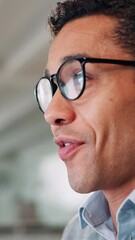 Poster - Man, business and glasses in office for sight, clear vision and working on computer. Employee, new lens and smile in coworking space for project management, eye care or company research on technology