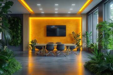 Poster - Modern conference room with greenery featuring a table chairs screen and natural light