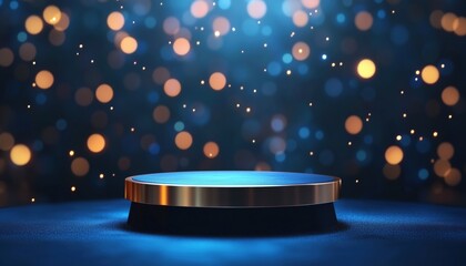 Poster - Luxurious Scene Of An Empty Podium Glowing Gold On A Blue Background With Neon Lights And Bokeh Decorations.