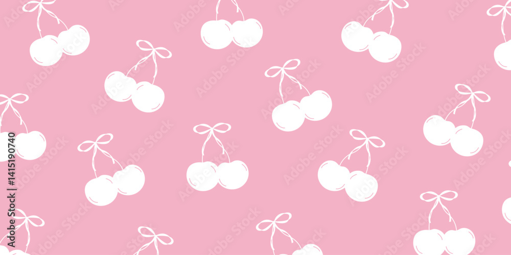 coquette cherries with bow seamless pattern for backgrounds, presentations, wrapping papers, prints, artworks. Vector illustration	