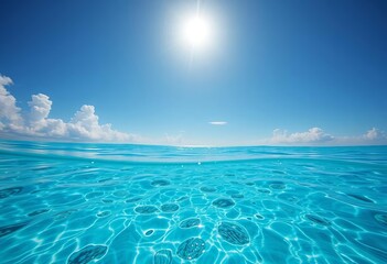 sun-dappled turquoise ocean surface, clear underwater view, fluffy clouds, tropical, turquoise