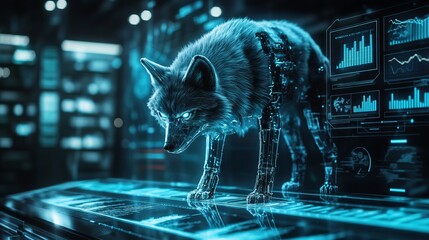 Aufkleber - A captivating robotic wolf stands in a futuristic business environment, surrounded by glowing data displays and digital graphs. This advanced creation symbolizes innovation and technology