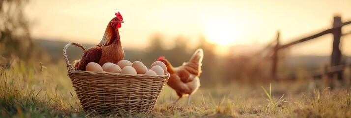 Poster - Healthy hens foraging in a lush field of grass beside a wicker basket brimming with freshly laid organic eggs, basking in the warm glow of sunset on a charming small farm