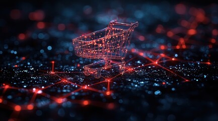 Futuristic online shopping cart made of glowing red wires on a dark surface with blue bokeh lights