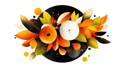 Poster - abstract floral arrangement with circles and leaves displays a vibrant color palette against a black