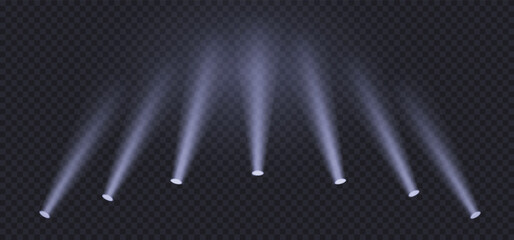 Wall Mural - spotlight sources, concert light effect, flashlight set on transparent background. 3d volume light e