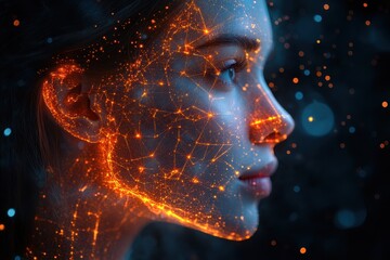 Poster - Woman's profile illuminated by glowing digital patterns in a dark setting during nighttime