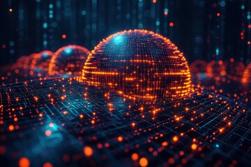Poster - Futuristic digital landscape with glowing spherical structures and intricate network patterns at night