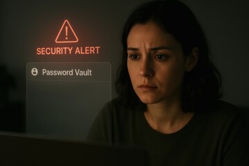 Poster - Security Alert: A person confronts a digital Security Alert on a computer screen, indicating a potential breach or compromised data. This scene showcases the user's concern.